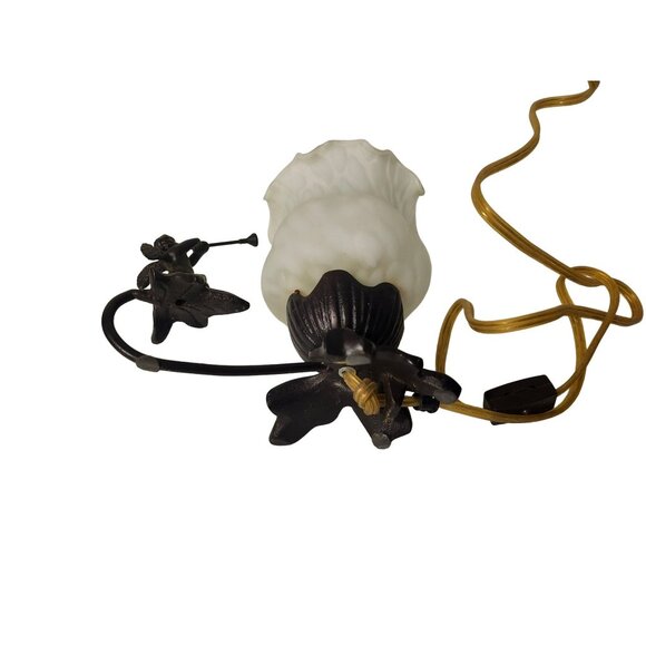 Vtg Bronze Cherub Small Lamp Blue Blown Glass Shade Tiffany Style - Picture 9 of 10